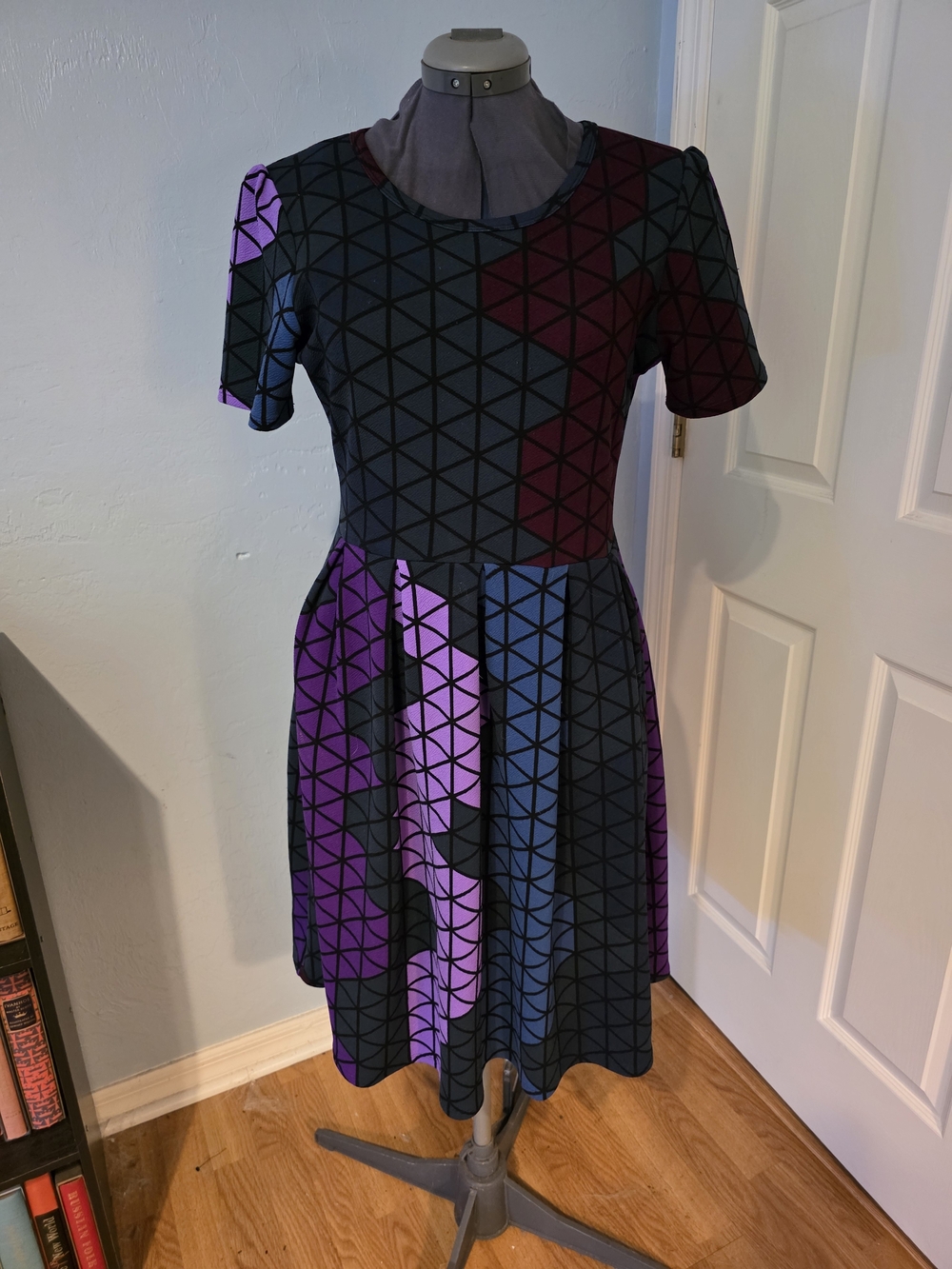 LuLaRoe Amelia Geometric Dress in Black, Purple and Blue